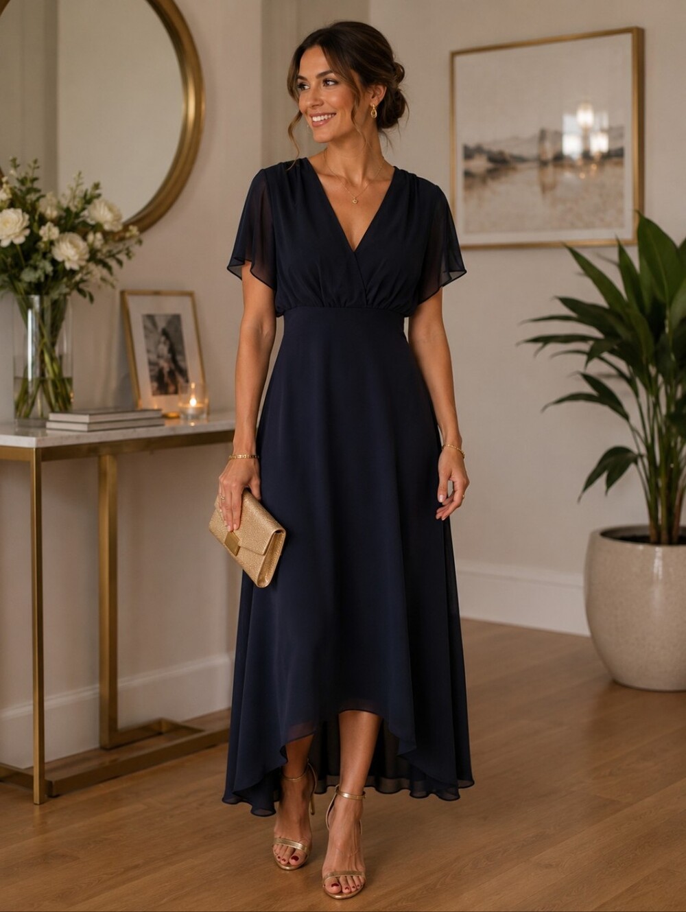 Navy Blue Hi-Lo Floaty V-Neck Flutter Sleeve Maxi Dress. Size 10. NWT